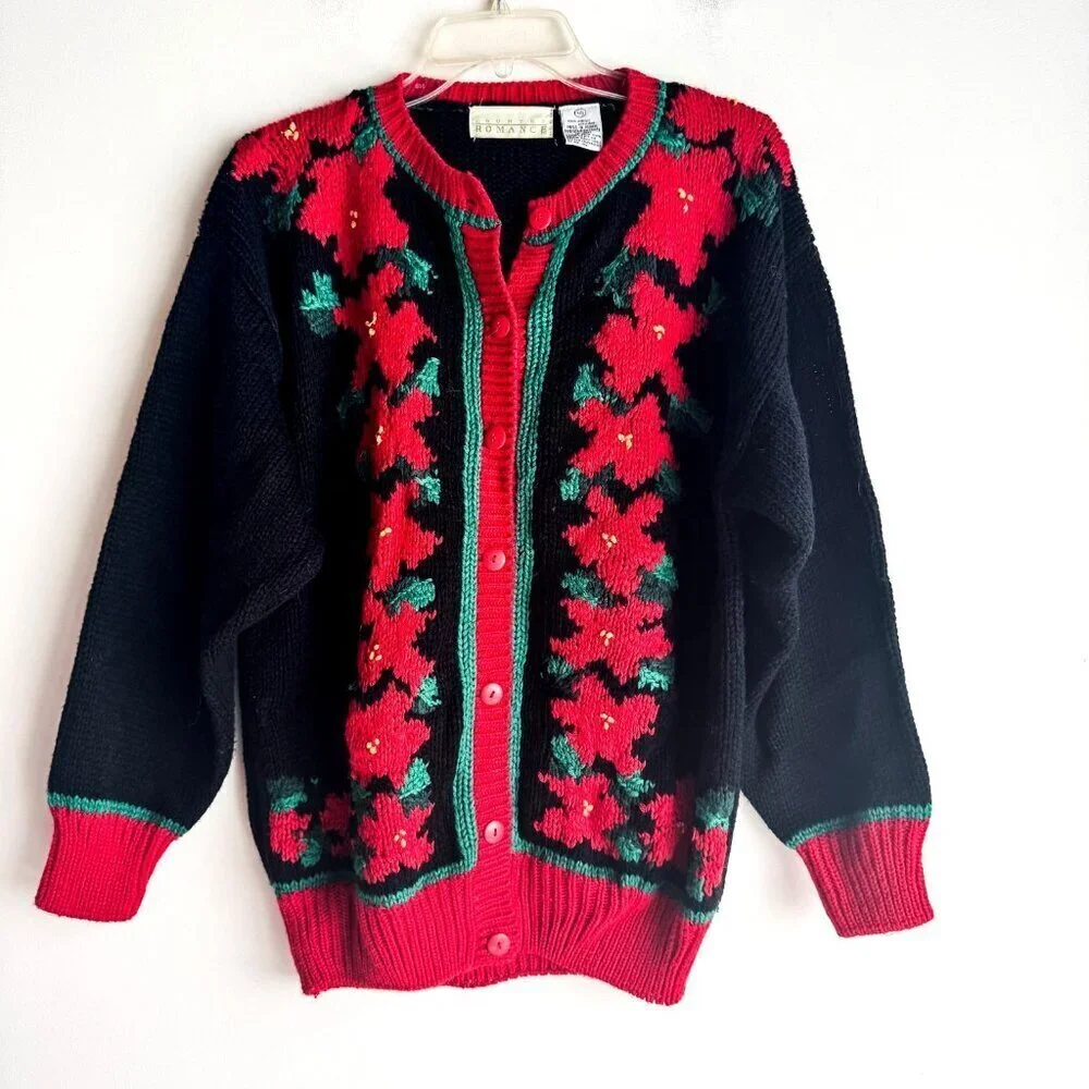 Vintage Country Romance Poinsettia Print Christmas Cardigan Sweater L